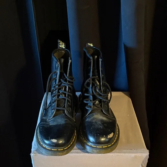 Dr. Martens Black Leather 8-Eye Lace-Up Boots with Yellow Stitching - Picture 2 of 9